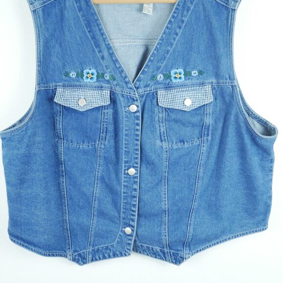 Vintage 22 24 Denim Vest 90s Floral Embroidered Western Grunge Grannycore Plaid - Picture 4 of 5